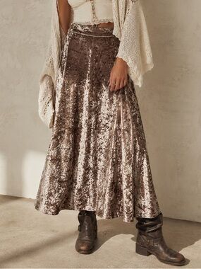 ESQUALO Crushed Velvet Midi Skirt Champagne Taupe A-Line Flare Size Small